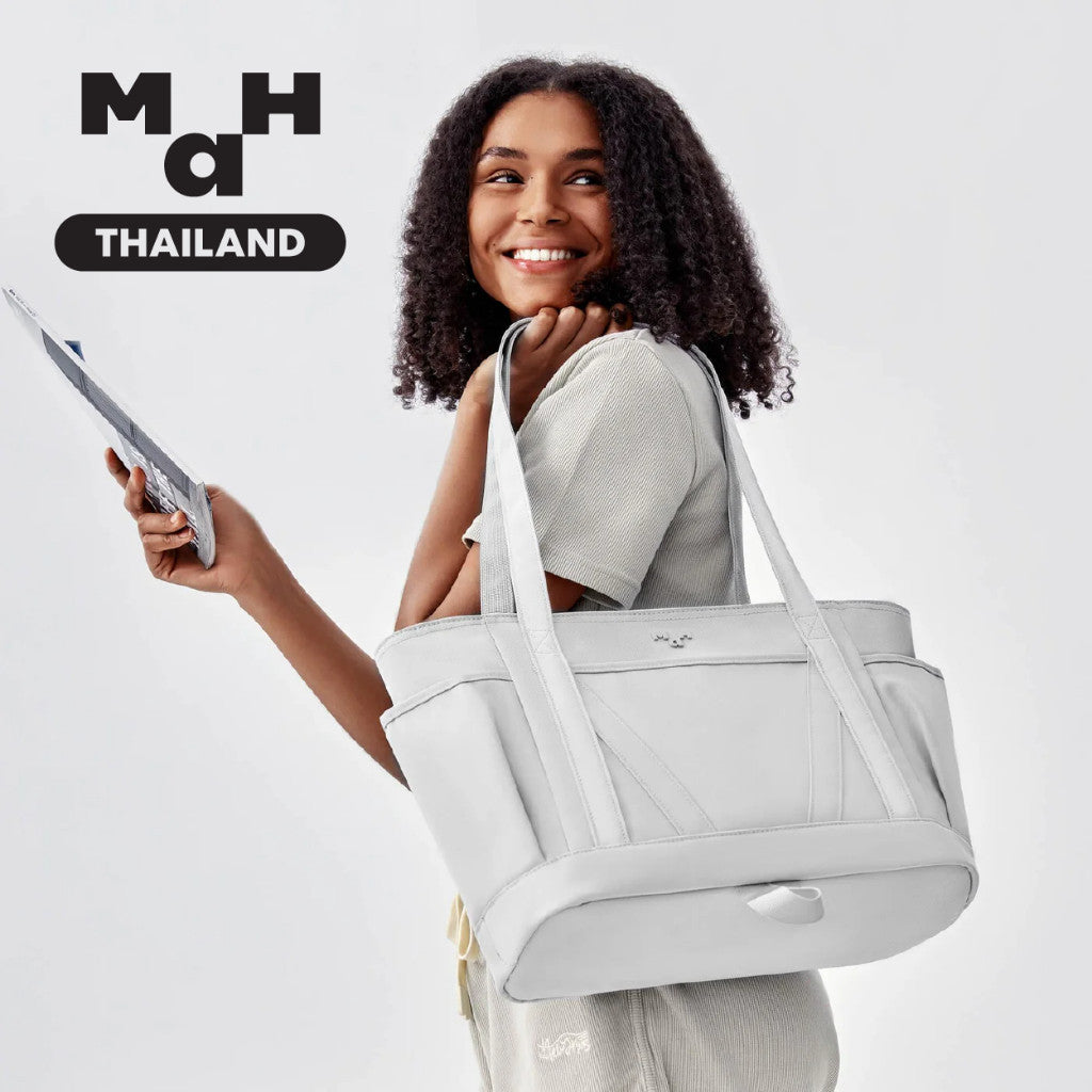 MAH Tour Tote กระเป๋าโท้ท กระเป๋าสะพายไหล่ น้ำหนักเบา ผ้ากันน้ํา 15 นิ้ว (กระเป๋าสะพายข้าง จุเยอะ) สีขาว